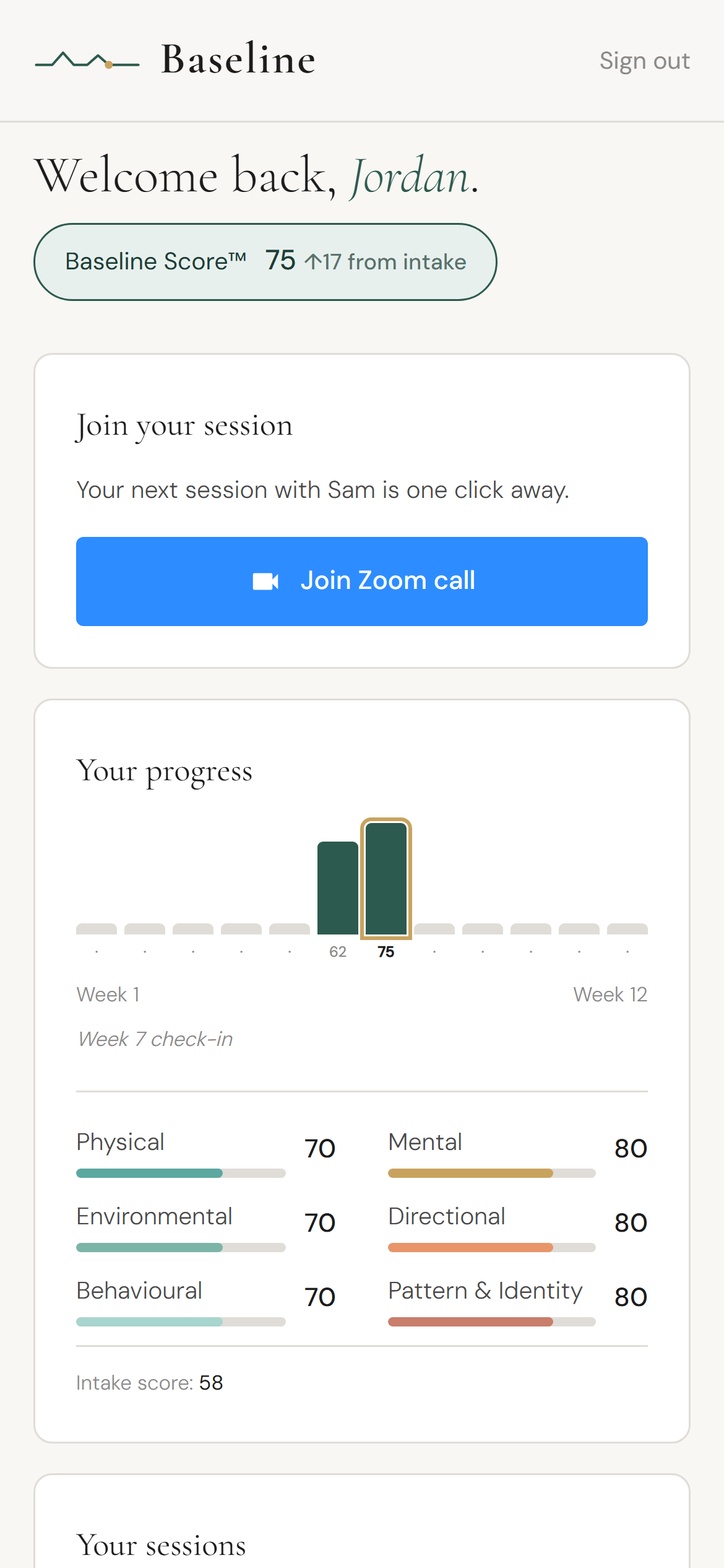 Baseline client portal dashboard, shown on a phone